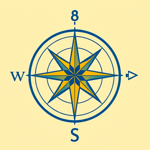Create a detailed illustration of a compass rose with a blue and yellow star design, set against a light olive background, using a DSLR camera with a 50mm lens, f/2.8 aperture, ISO 100, and soft natural lighting, capturing a close-up view for enhanced clarity and detail.