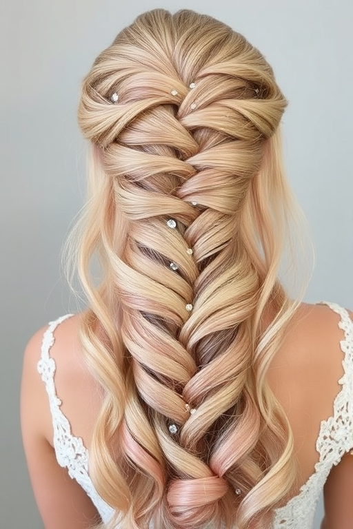 Soft rose gold waves cascade down in a waterfall braid, intertwined with delicate crystal beads that catch the light, creating a romantic and ethereal bridal look.