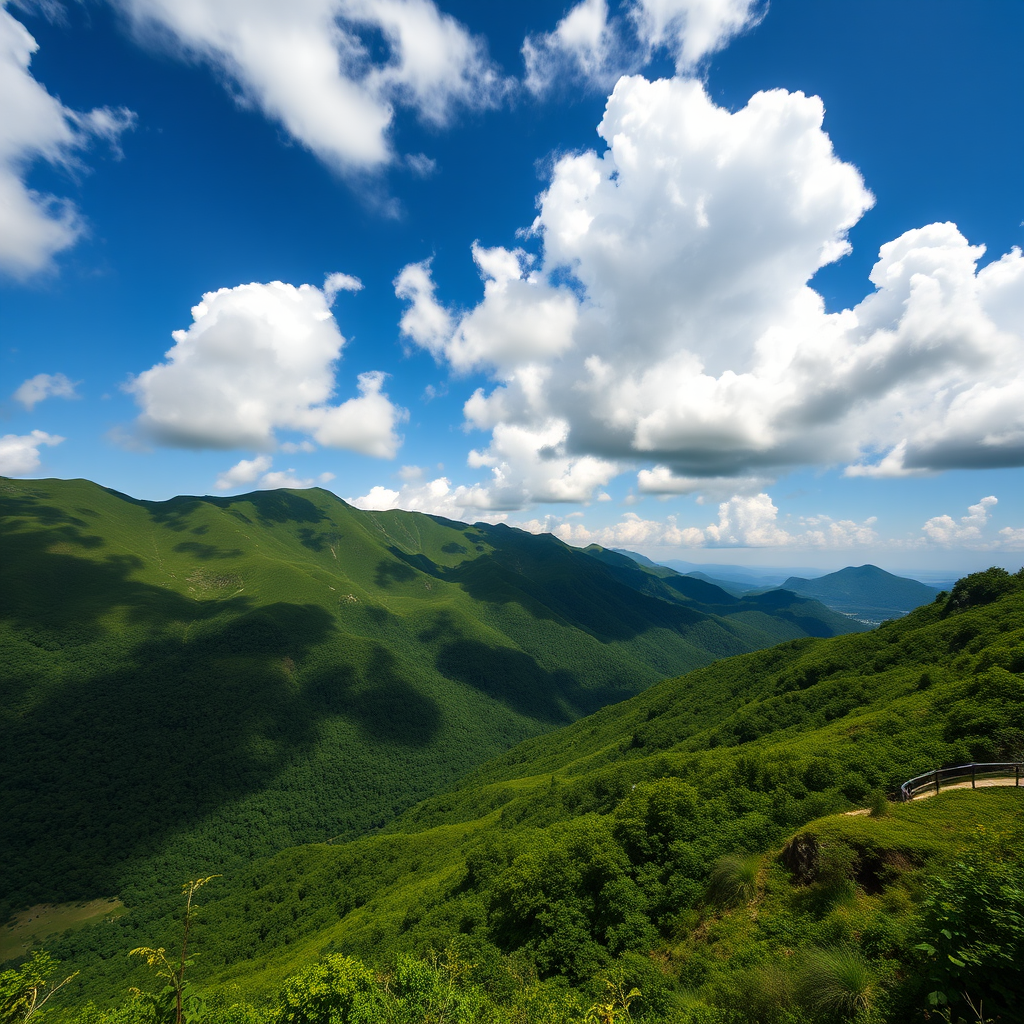 high-resolution landscape photograph of lush green mountains under a blue sky with fluffy clouds, taken with a DSLR camera at 24mm focal length, aperture f/11, shutter speed 1/200s, ISO 100, natural lighting, and a wide-angle perspective.
