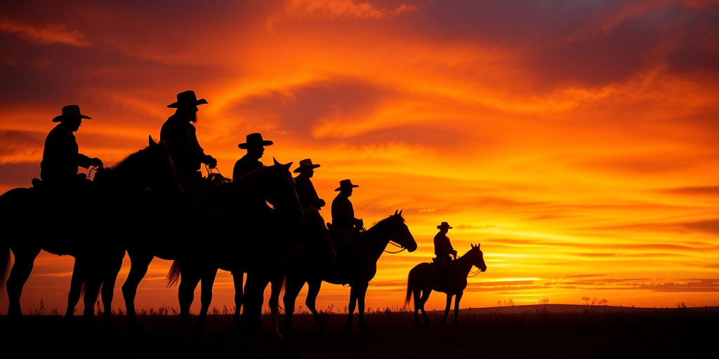 silhouetted cowboys on horseback against a dramatic sunset sky, vibrant orange and purple hues, focused on the details of the horses and riders, taken with a Nikon D850, 85mm lens, f/8 aperture, ISO 100, shot in portrait orientation with a low-angle view to emphasize the horizon and sky