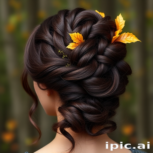 Rich chocolate brown hair styled in an elaborate updo with braided crown and cascading tendrils, embellished with golden leaves for a regal forest nymph look called Woodland Empress