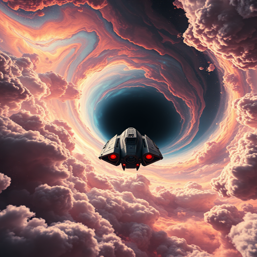 A futuristic spaceship flying towards a swirling black hole surrounded by vibrant cosmic clouds, captured with a 24mm lens at f/2.8, ISO 400, 1/1000s shutter speed, in a high-resolution digital format, using a DSLR camera with a wide-angle view and enhanced color saturation for a dramatic effect.