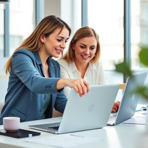 Two women collaborating at a desk with a laptop, one pointing at the screen while the other observes, soft natural lighting, 50mm lens, f/1.8 aperture, ISO 200, focused depth of field, captured with a DSLR camera in a modern office setting.