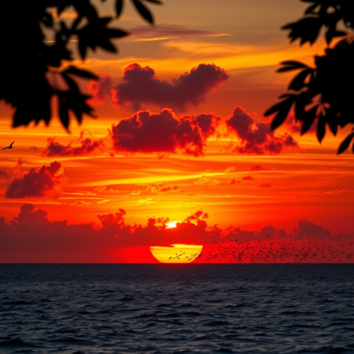 sunset over a calm ocean with vibrant orange and red hues, dramatic clouds illuminated by the setting sun, silhouetted leaves framing the top corners, large flock of birds flying in the distance, shot using a DSLR camera, aperture f/11, shutter speed 1/200s, ISO 100, focal length 24mm, wide-angle view