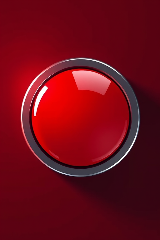 Create a high-resolution illustration of a glossy red button with a metallic silver border, using a DSLR camera, aperture f/2.8, ISO 100, 50mm lens, top-down view, soft lighting to enhance reflections and details.
