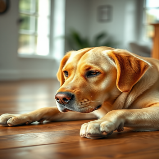 A golden Labrador retriever lying on a wooden floor in a bright room with a soft-focus background, shot with a Canon EOS R5, 50mm f/1.2 lens, aperture f/2.8, ISO 200, natural light from a window to enhance details and texture.