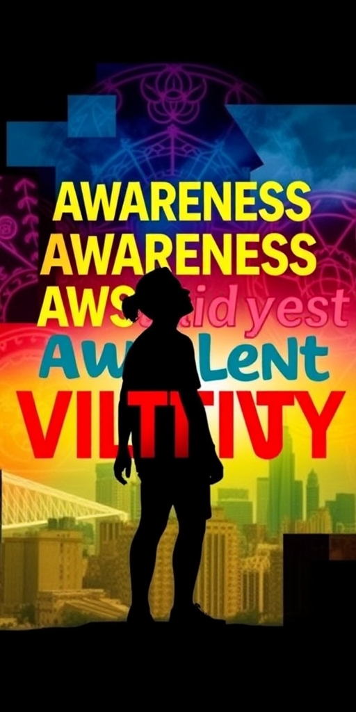 Create a vibrant and artistic collage featuring a silhouetted figure with colorful typography expressing themes of awareness and vitality, using a Canon EOS 5D Mark IV with a 50mm f/1.8 lens, f/2.8 aperture, ISO 100, and a shutter speed of 1/125s from an angle that captures depth and dimension in a soft-focus background.