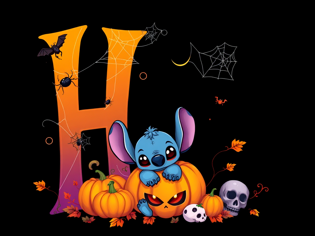 A whimsical and vibrant Halloween-themed digital illustration featuring the letter "H" adorned with spider webs, small bats, and cute spiders. At the base of the letter, a playful alien character similar to Stitch is peeking out from inside a carved pumpkin with glowing eyes, surrounded by additional pumpkins, a small skull, and autumn leaves. The letter is gradient-colored from orange to purple, adding a magical atmosphere to the scene, black background