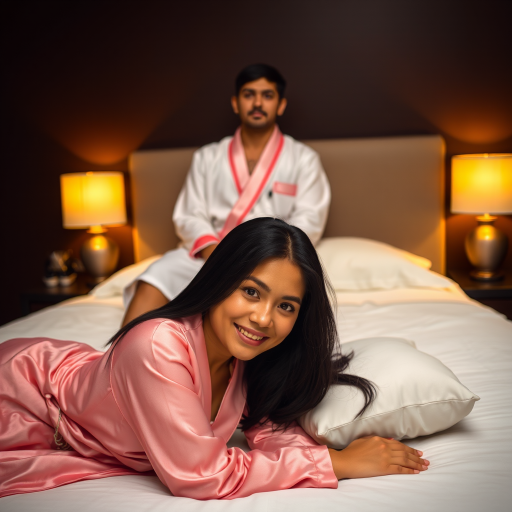A man and a woman are lying on a bed in a dimly lit bedroom. The woman is in the foreground, lying on her stomach and looking directly at the viewer with a smile. She is wearing a pink silk robe and has long black hair. The man is sitting up in the background, looking directly at the viewer with a neutral expression. He is wearing a white silk robe with a red trim and has short black hair. The bed is white and has a white pillow at the head of the bed. There are two lamps on nightstands on either side of the bed, and the walls are a dark brown. The overall atmosphere is warm and inviting, with a soft focus on the subjects.
