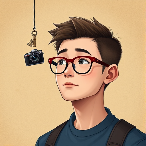 Create a highly detailed digital illustration of a young man with short hair and glasses, expressing a thoughtful expression, a camera and key floating above his head, with a textured paper background, using a Canon EOS R5, 50mm lens, f/1.8 aperture, 1/125 shutter speed, and a natural light setup.