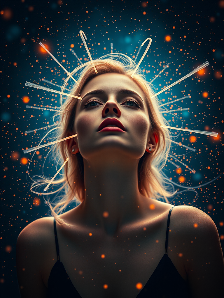 Create a surreal image of a woman surrounded by radiant particles and a cosmic background, using a Canon EOS R5 with an 85mm f/1.2 lens, aperture set to f/2.0, ISO 100, shutter speed 1/200s, shoot in portrait mode with a soft light effect and high dynamic range.