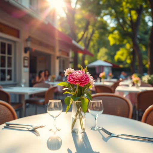 a vibrant outdoor restaurant scene with tables set for dining, adorned with a floral centerpiece, warm afternoon sunlight filtering through trees, soft focus, taken with a DSLR camera, 50mm lens, aperture f/1.8, ISO 200, shallow depth of field, natural lighting, wide-angle view