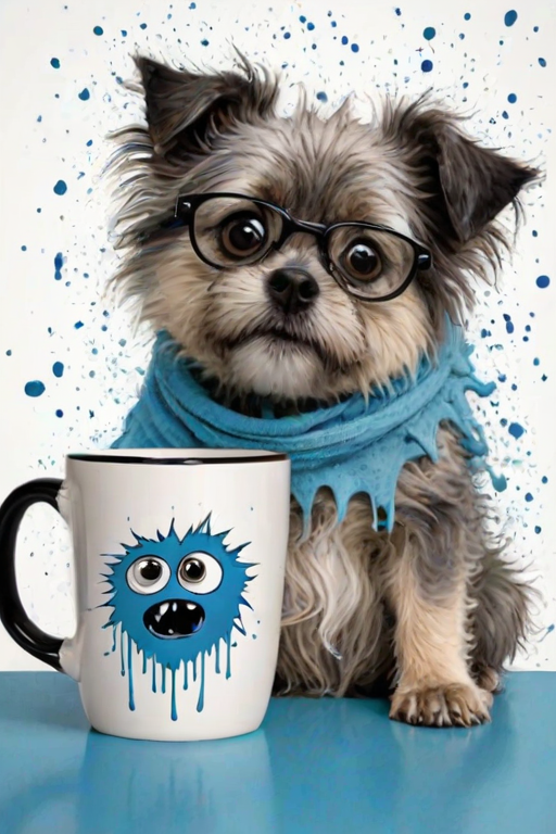 A quirky, artistic illustration of a disheveled poogle dog breed with exaggerated, large eyes and spiky fur, holding a coffee mug that reads "Good Morning". The dog has a tired but humorous expression, with ink splatters and abstract details surrounding it, giving a whimsical feel to the image. The color palette is mostly monochrome with hints of blue in the eyes and steam rising from the mug, enhancing the overall sleepy vibe