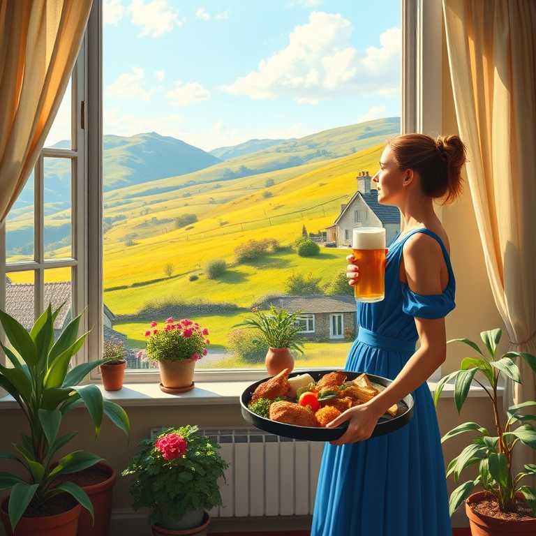 In "A Glass of Beer on the Highland," a serene scene is depicted in a sunlit room where a woman in a vibrant blue dress stands by a large window. She holds a tray with a hearty meal and a frothy glass of beer, embodying a moment of relaxation. Outside, the breathtaking highland landscape features rolling green hills and a charming traditional house, all bathed in warm afternoon light. The interior is adorned with potted plants, creating a harmonious blend of comfort and nature. The painting beautifully captures the tranquility and joy found in simple pleasures amidst stunning scenery