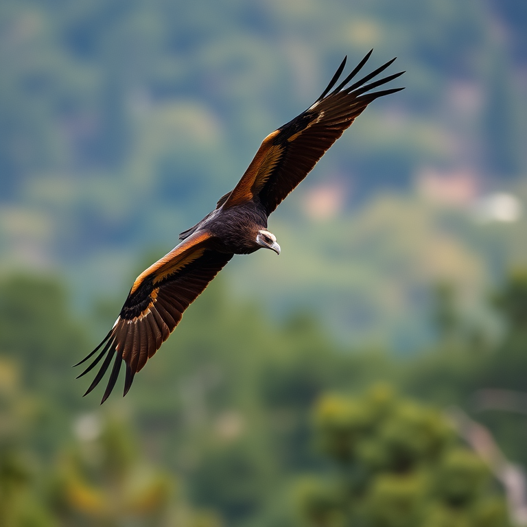 a soaring vulture in mid-flight against a blurred forest background, captured with a Canon EOS 5D Mark IV, 400mm lens, f/5.6 aperture, 1/2000 sec shutter speed, ISO 400, natural lighting, high-resolution photography