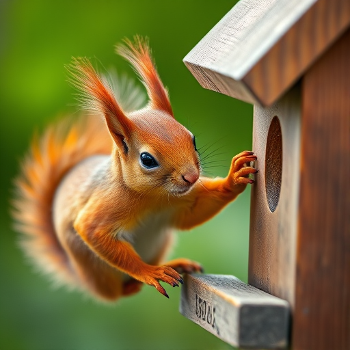 Capture a close-up of a red squirrel perched on a wooden birdhouse, with a blurred green background, using a DSLR camera with a 50mm lens, aperture set to f/2.8, shutter speed 1/200s, and ISO 200 for enhanced detail and soft bokeh effect.
