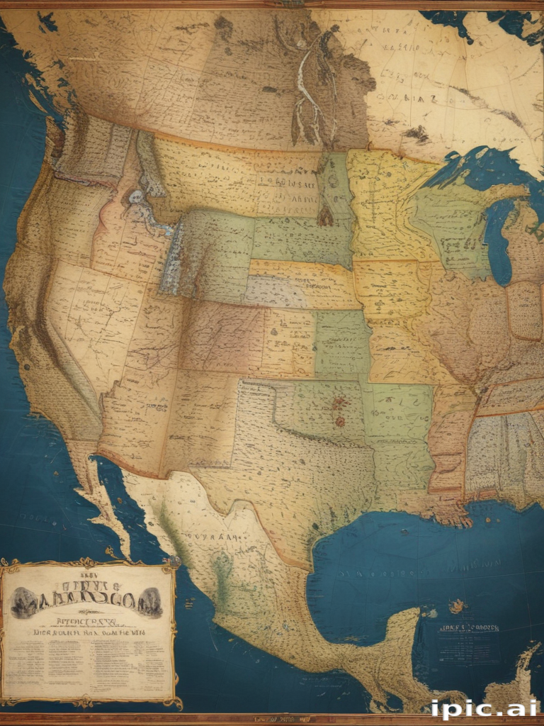 Historical Map of the United States and Mexico with Detailed Regions