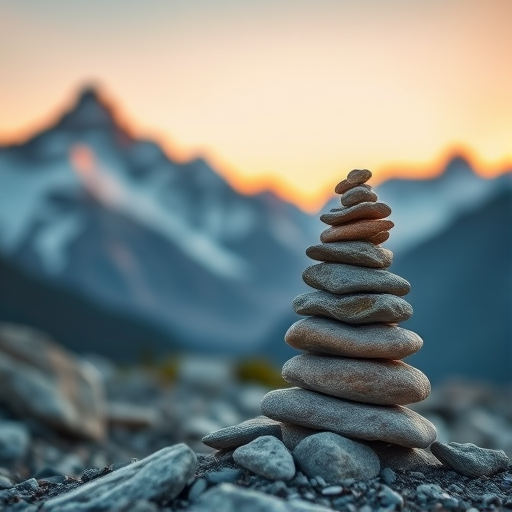Create a serene landscape featuring a tall stack of smooth stones in the foreground with majestic snow-capped mountains in the background, captured at sunset with a shallow depth of field, using a DSLR camera with a 50mm lens, aperture set to f/2.8, ISO 100, and a soft focus effect for a dreamy atmosphere.