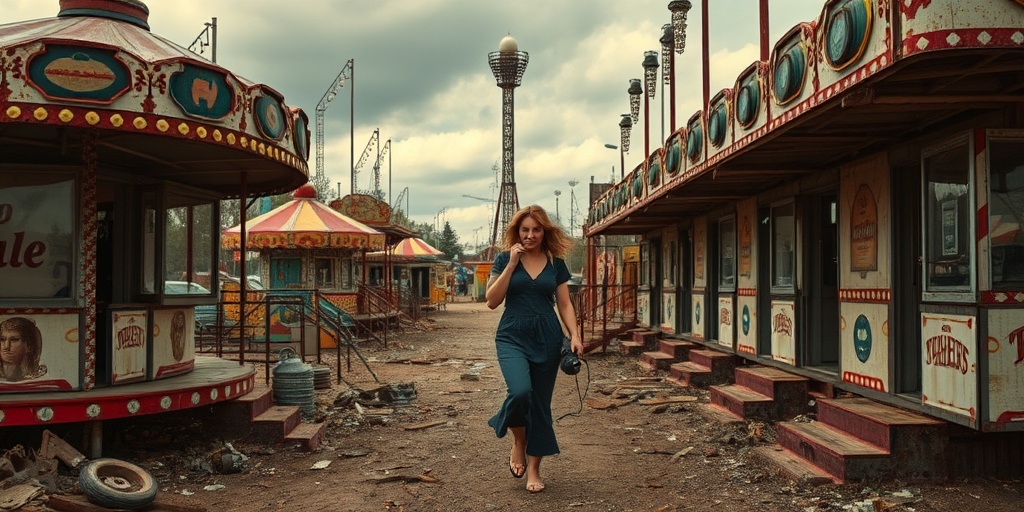Abandoned amusement park, rusted rides and broken ticket booths, a woman with a camera carefully steps through the debris, capturing the eerie beauty of the forgotten place.