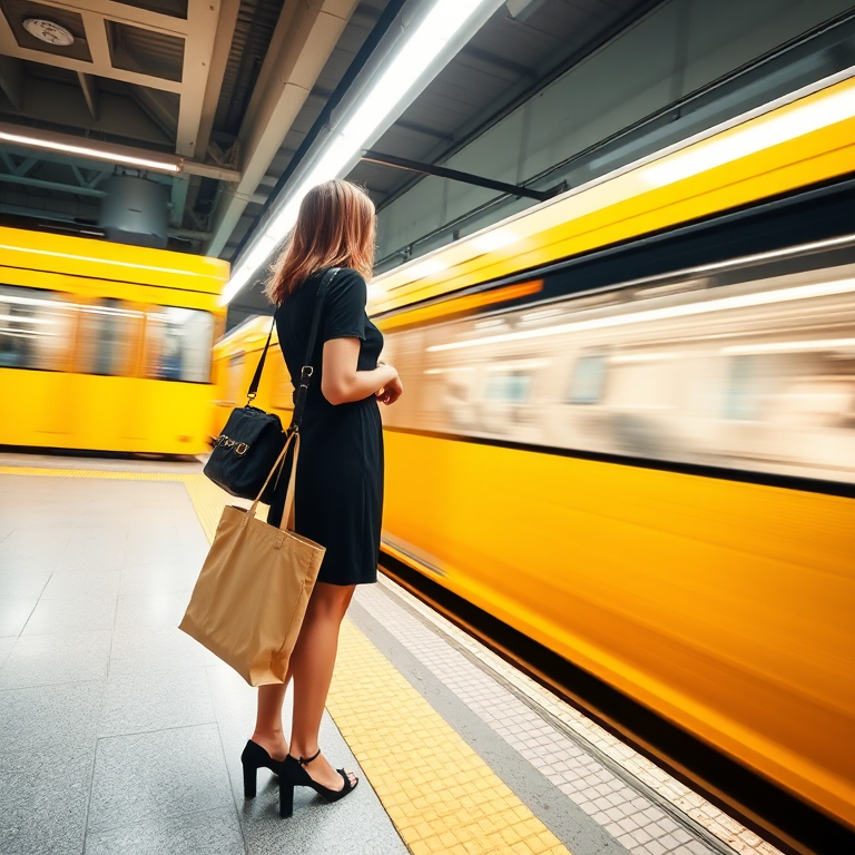A woman in a black dress holding a tote bag stands on a platform as a yellow train speeds by, captured with a DSLR camera, aperture f/4, shutter speed 1/60s, ISO 200, wide-angle lens, shot from a low angle for perspective and dynamic motion effect.