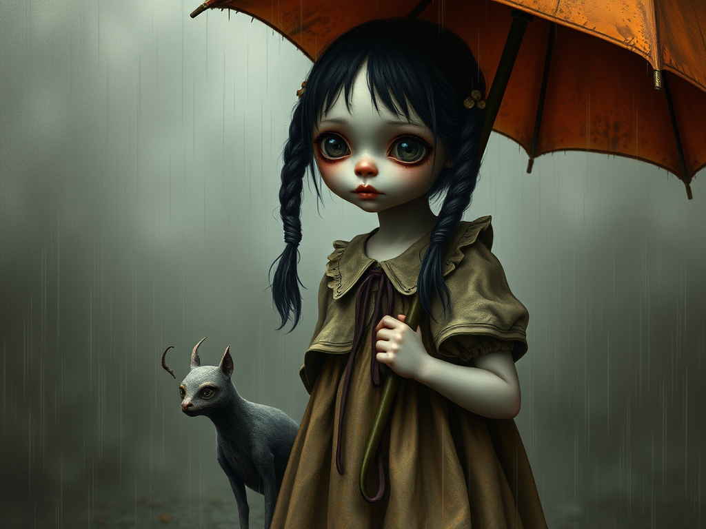 An eerie, weird little girl with dark hair in thin pigtails, wearing a smock dress, standing in the rain, holding a dirty orange umbrella, a small, odd creature beside her. In a surreal style inspired by Nicoletta Ceccoli and Brian Froud. Dark fantasy themes
