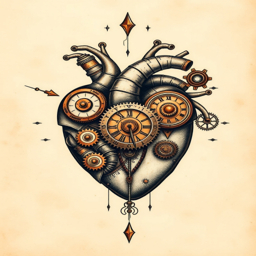 Steampunk-inspired mechanical heart tattoo with intricate gears and clockwork components, rendered in a sepia-toned palette with copper and brass accents for an authentic vintage feel