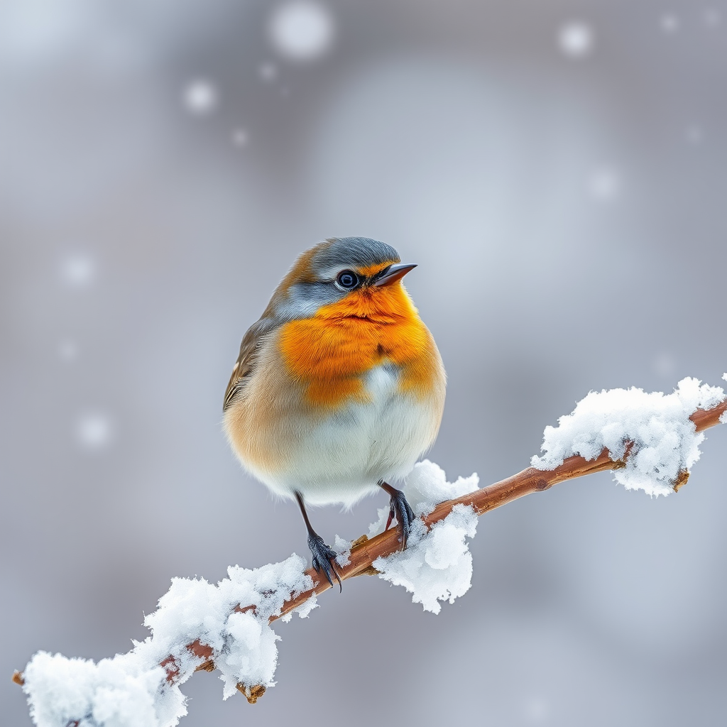 Generate an image of a small bird perched on a snowy branch with a detailed and vibrant style, using a DSLR camera with a 50mm lens, aperture set to f/2.8, ISO 100, and a shallow depth of field to enhance the subject against a softly blurred background.