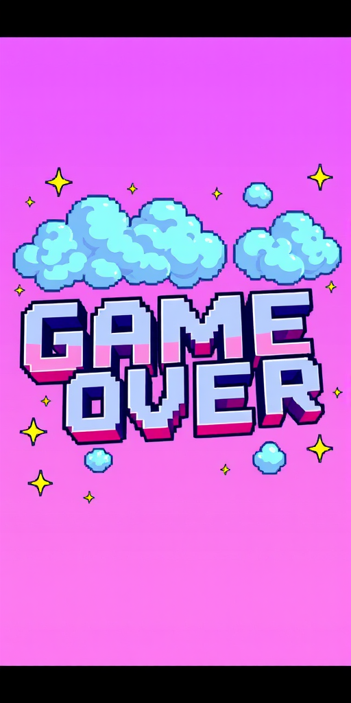 Create a pixel art style image featuring the words "GAME OVER" in bold 3D letters, surrounded by stylized clouds and sparkles, with a pastel purple and pink gradient background, camera settings: f/2.8, ISO 100, shutter speed 1/60, camera view: top-down, camera style: digital illustration, camera type: mirrorless.