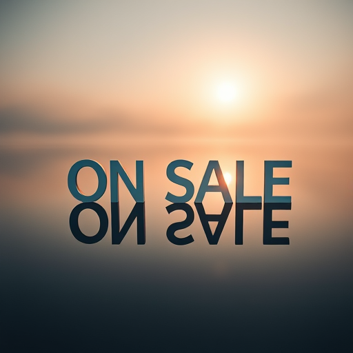 Create an image of the text "ON SALE" reflected in calm water with a misty background and a bright sun setting, using a DSLR camera with an aperture of f/8, ISO 100, and a shutter speed of 1/250s, in a wide-angle perspective to capture the serene atmosphere.