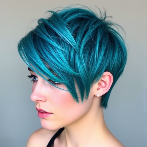 Stunning pixie cut with vibrant teal highlights, textured layers creating a messy yet chic look, emphasizing facial features and showcasing a bold personality