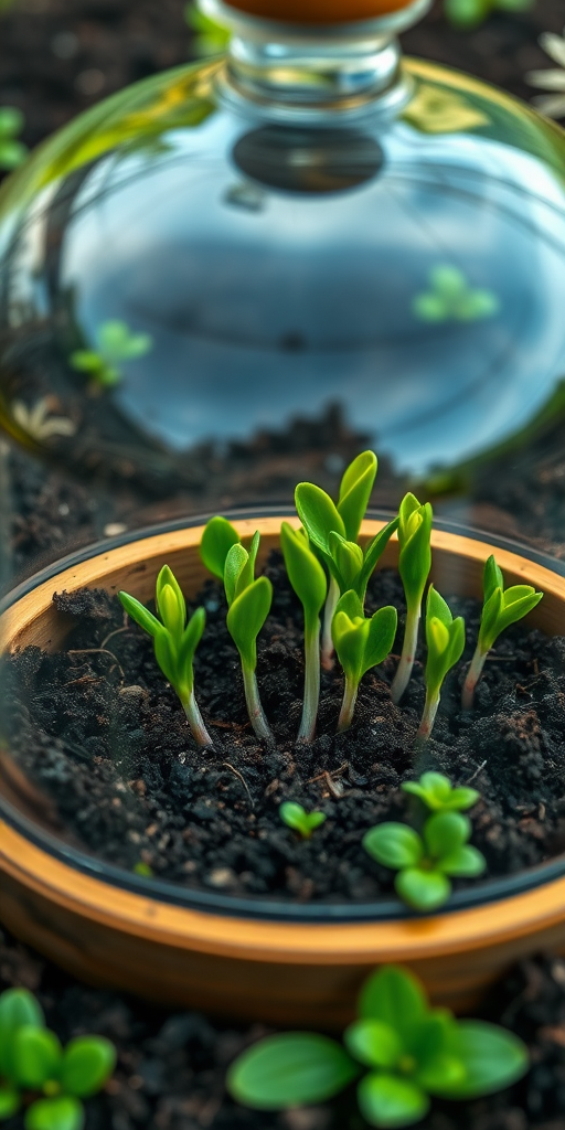 Create a detailed illustration of a wooden cloche with a transparent top, showcasing vibrant green shoots emerging from rich dark soil, captured from a low-angle view, using a DSLR camera set to f/4 aperture, 1/125 shutter speed, ISO 200 for enhanced depth and clarity.