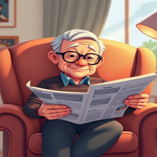 Create a high-resolution illustration of a cartoonish elderly man with glasses sitting in a plush armchair, reading a newspaper, use a soft focus with a warm color palette, camera settings: aperture f/2.8, ISO 100, shutter speed 1/60s, DSLR camera, natural lighting, slightly elevated angle for a cozy view.