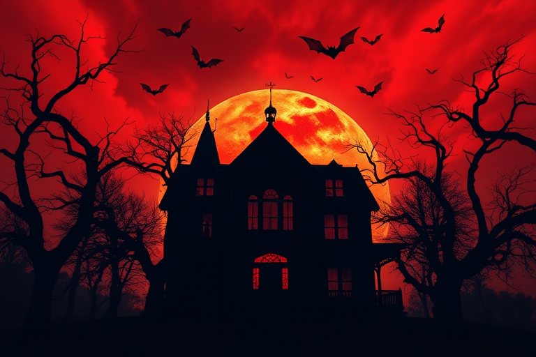 Create a high-resolution horror-themed image of a haunted house silhouette against a fiery red sky, with dark, twisted trees and bats flying, using a DSLR camera with a 50mm lens, f/1.8 aperture, ISO 100, and a low-angle view for dramatic effect.