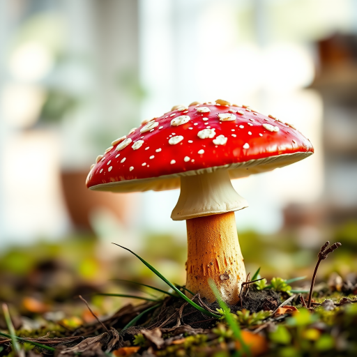 Create a vibrant illustration of a red mushroom with white spots on a brown stem, using a DSLR camera with a 50mm lens, aperture set at f/2.8, ISO 100, in a well-lit environment with soft diffused lighting.