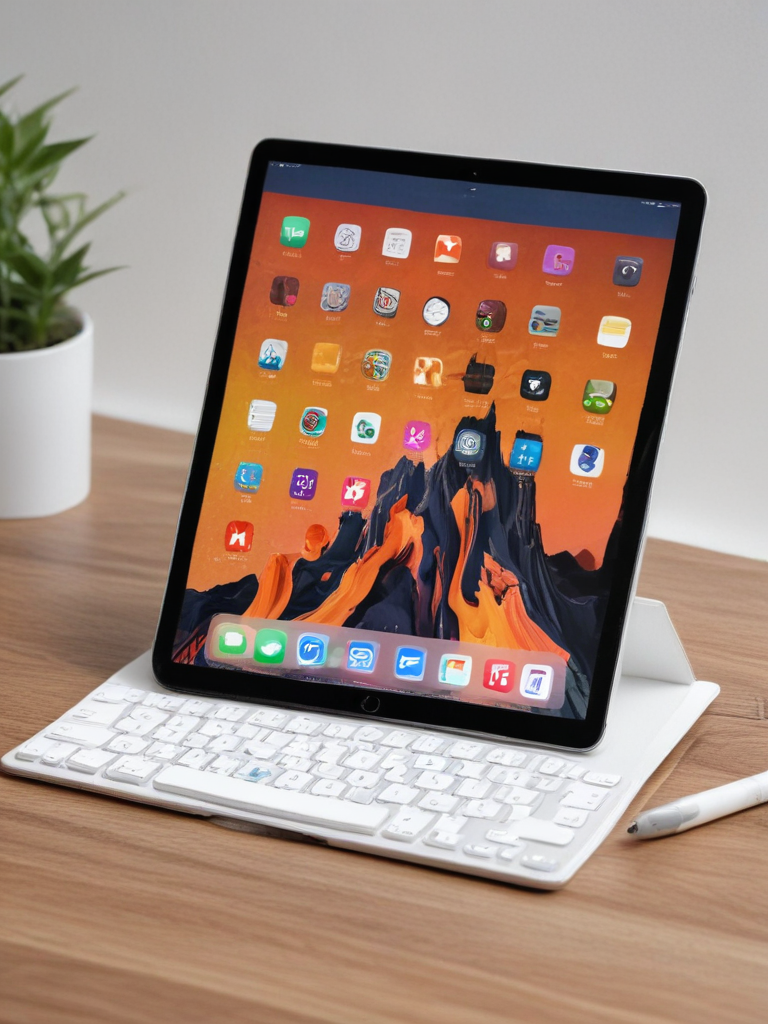 Tablet Workspace Layouts Modern Workspace Setup Featuring Tablet, Keyboard, and Stylish Plant Decor