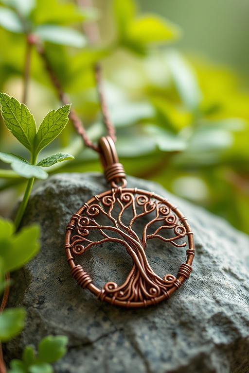 Capture a close-up shot of an intricately crafted wire-wrapped pendant featuring a tree design on a stone with lush green ivy in the background, using a Canon EOS R5 with a 50mm f/1.2 lens at f/2.8, 1/125s shutter speed, ISO 100, natural light, soft focus on the background.