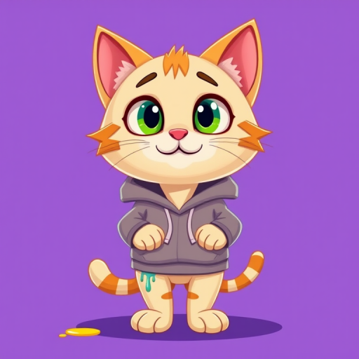 Create a vibrant cartoon illustration of a cute cat character with oversized eyes, wearing a hoodie, standing in a playful pose, with colorful drips around its legs, set against a solid purple background, using a DSLR camera with a 50mm lens, aperture f/2.8, ISO 100, and shallow depth of field for enhanced detail and clarity.