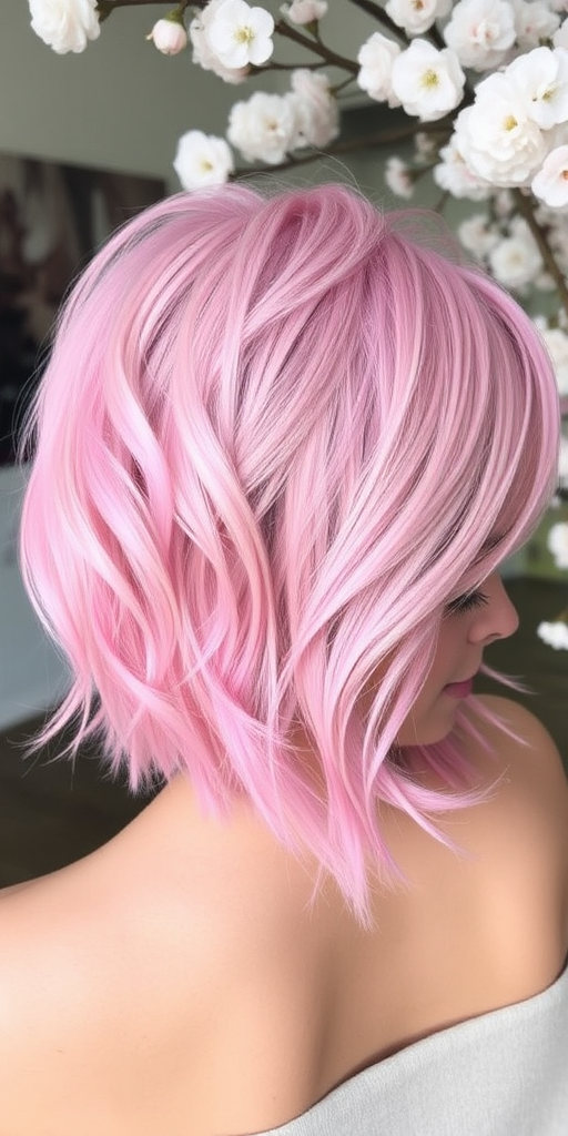 Pastel pink long pixie cut with choppy layers and feathered edges, creating a soft and ethereal look reminiscent of cherry blossoms in bloom, called Sakura Whisper