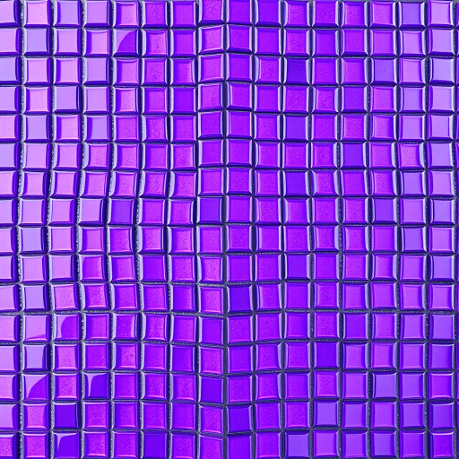 Generate a high-resolution image of a shimmering purple mosaic pattern with glossy, reflective tiles arranged in a swirling design, taken with a DSLR camera at 50mm focal length, f/1.8 aperture, ISO 100, using a shallow depth of field and top-down view for enhanced texture.