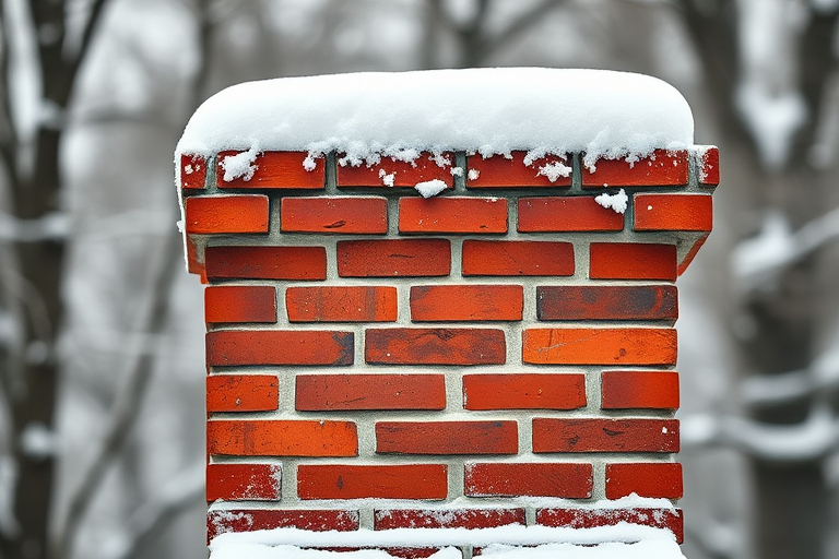 Create a high-resolution image of a red brick chimney with white snow on top, using a DSLR camera with a 50mm lens, aperture set to f/2.8 for shallow depth of field, ISO 100, and a portrait orientation.