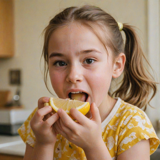 A candid photograph of a young girl biting into a slice of lemon. Her face is scrunched up from the sour taste, capturing a moment of surprise and playfulness. She has light brown hair, tied back in a ponytail, and wears a casual, colorful top. The background is softly blurred, keeping focus on her expression and the lemon slice. Natural lighting illuminates her face, highlighting her reaction with a soft, warm tone. The image has a bright and cheerful atmosphere, with a high contrast. The photo was captured with a 50mm lens and shot on Kodak Portra 160 film.
