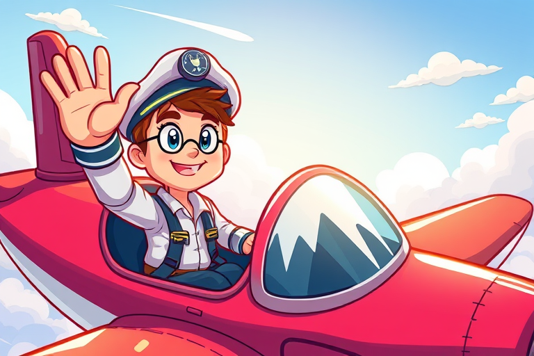create an illustration of a cartoon pilot waving from a cartoon airplane in a colorful style, with high saturation, using a wide-angle lens for a dynamic view, soft focus for a whimsical effect, and created in a digital art format with a resolution of 300 DPI.