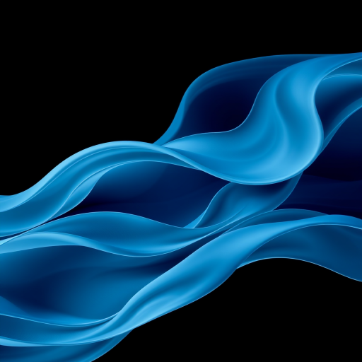 Create an abstract image featuring smooth, flowing waves in various shades of blue against a dark background, using a DSLR camera, focal length of 35mm, aperture f/8, ISO 100, captured from a straight-on view with vibrant color enhancement settings.