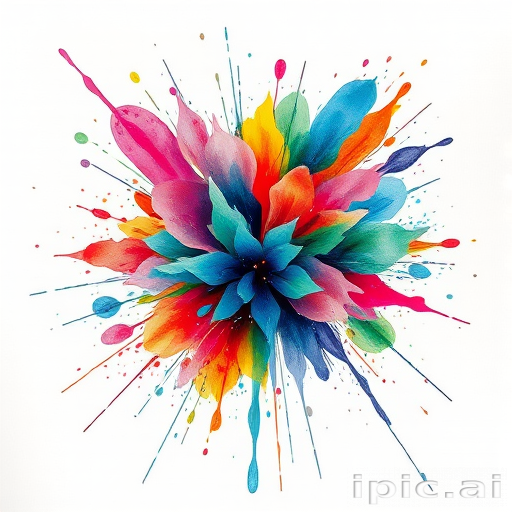 Watercolor splatter "Chromatic Explosion" tattoo concept featuring vibrant bursts of color blending and bleeding into each other with dynamic brush-like strokes and splatters for an expressive and artistic look