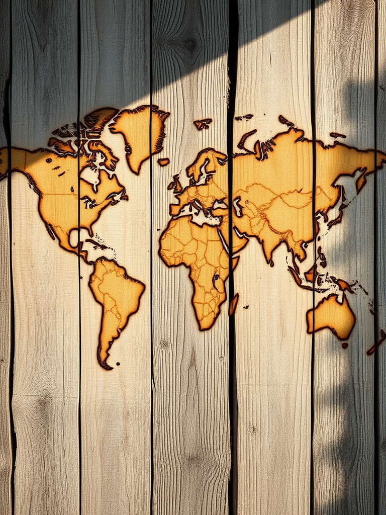 Create a detailed texture of a world map engraved on weathered wooden planks, shot with a Canon EOS 5D Mark IV, 50mm lens, aperture f/8, ISO 100, in natural light, with a shallow depth of field for enhanced clarity and richness in colors.