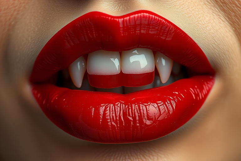 Create a hyper-realistic image of glossy red lips with a prominent white fang, shot with a Canon EOS R5 at f/1.4, ISO 100, 50mm lens, using a macro perspective to enhance texture and detail.