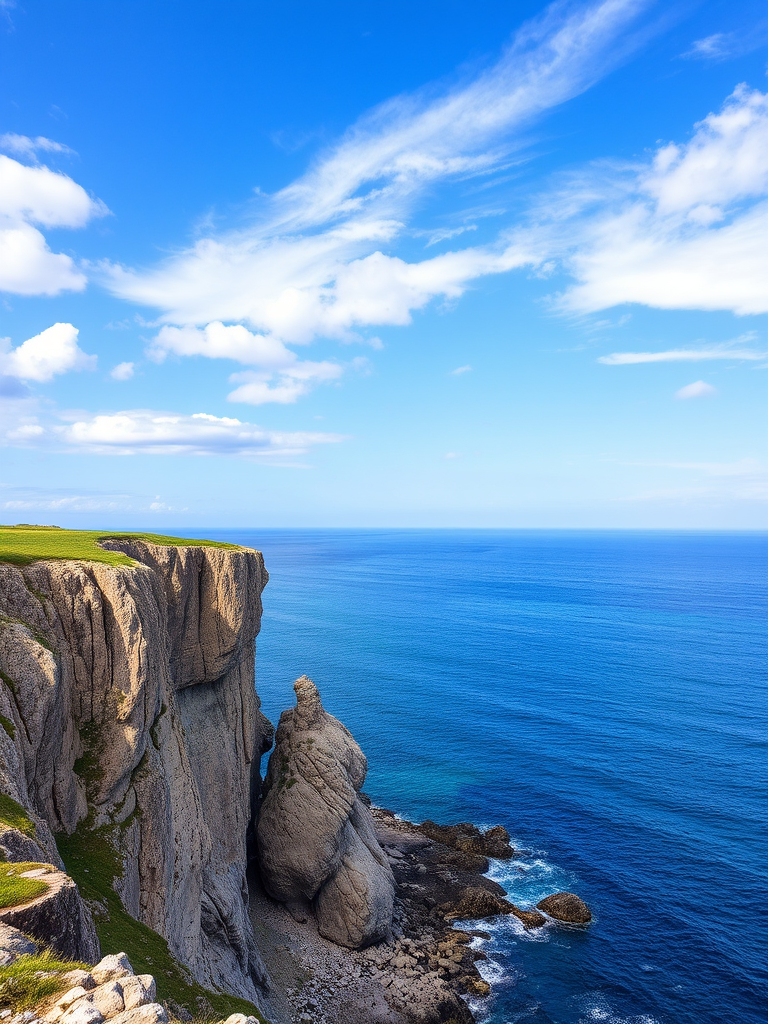 Capture a breathtaking coastal landscape featuring a jagged rocky cliff beside a calm blue sea under a partly cloudy sky, using a DSLR camera with a 24mm lens at f/8, ISO 100, and a shutter speed of 1/250s, taken from an elevated viewpoint for a wide-angle perspective.