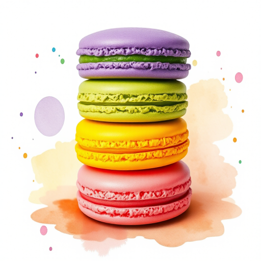 Create a watercolor illustration of a stack of five colorful macarons (purple, green, yellow, orange, pink) on a light textured background with soft splashes of watercolor, using a Canon EOS R6 with a 50mm f/1.8 lens at f/4, ISO 100, and a soft-focus effect to enhance the artistic details.