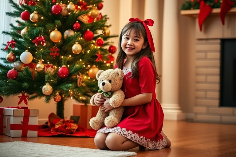 A young woman in a festive red dress kneels by a decorated Christmas tree, holding a teddy bear, warm indoor lighting, aperture f/2.8, ISO 100, shutter speed 1/60s, taken with a DSLR camera in portrait mode for soft background blur.