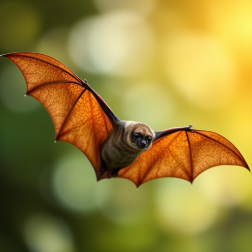 highly detailed illustration of a bat in flight, taken with a Canon EOS 5D Mark IV, 50mm lens, aperture f/8, ISO 100, soft focused background, natural lighting for enhanced clarity and depth